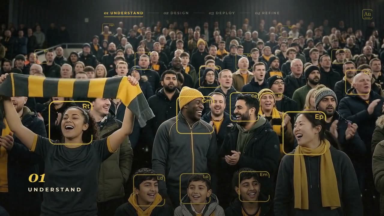 Football supporters singing in a stadium stand, their faces outlined by detection boxes